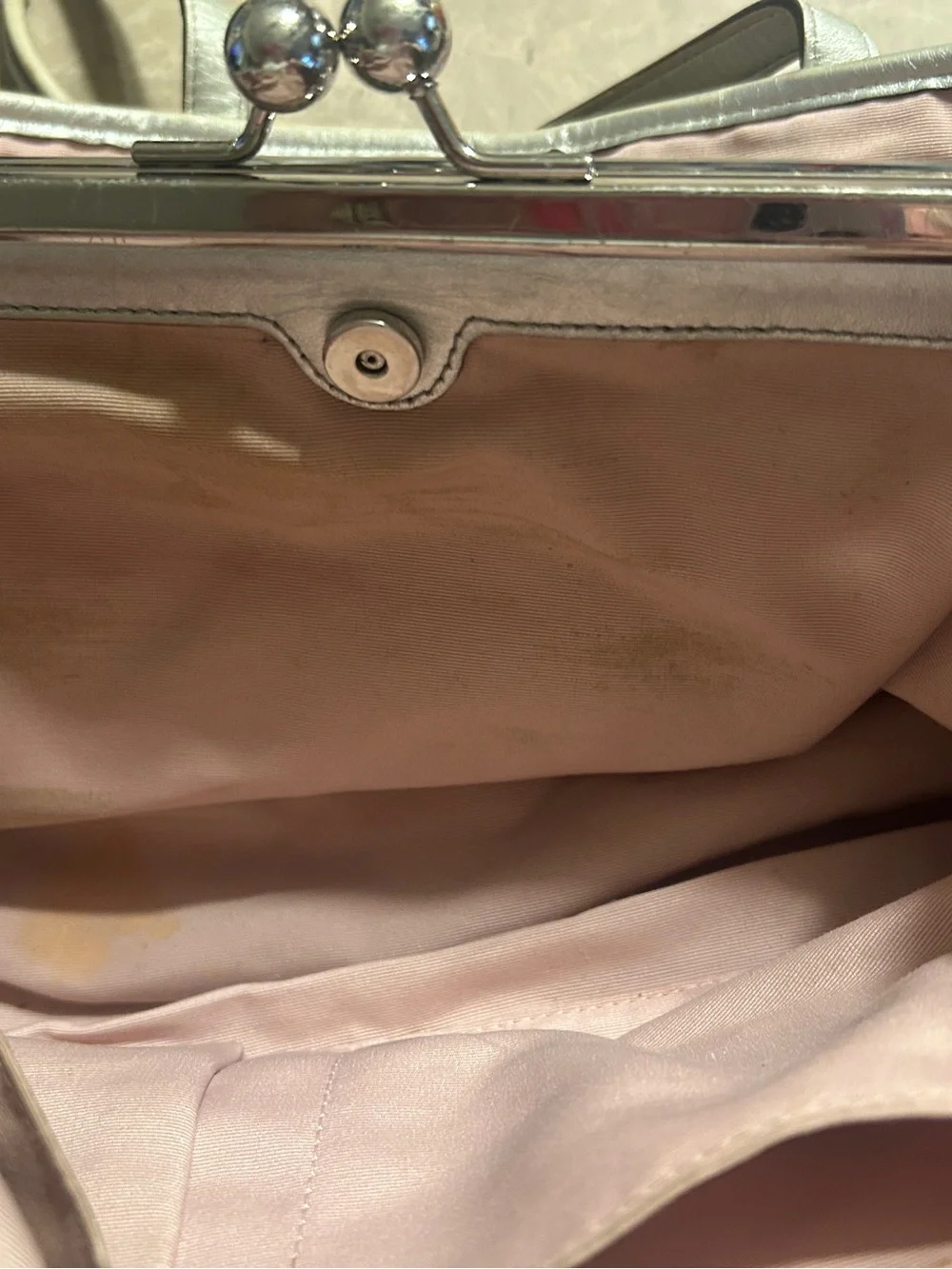 Coach Metallic Silver Leather Creed Patch with Pink Lining